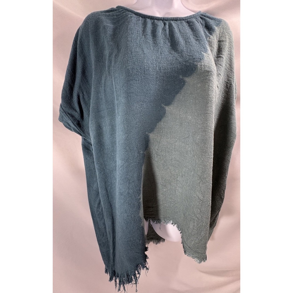 Umgee Plus Linen Blend Dip Dye Frayed Hem Tunic Blouse Top Teal Green XL Boho
